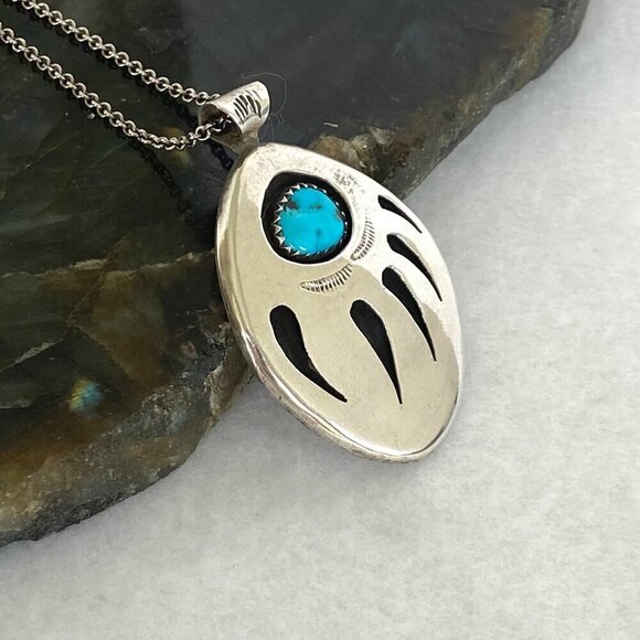 VTG Sterling Silver 925 Southwest Bear Pawn Shadowbox Turquoise Pendant Necklace - Picture 4 of 16